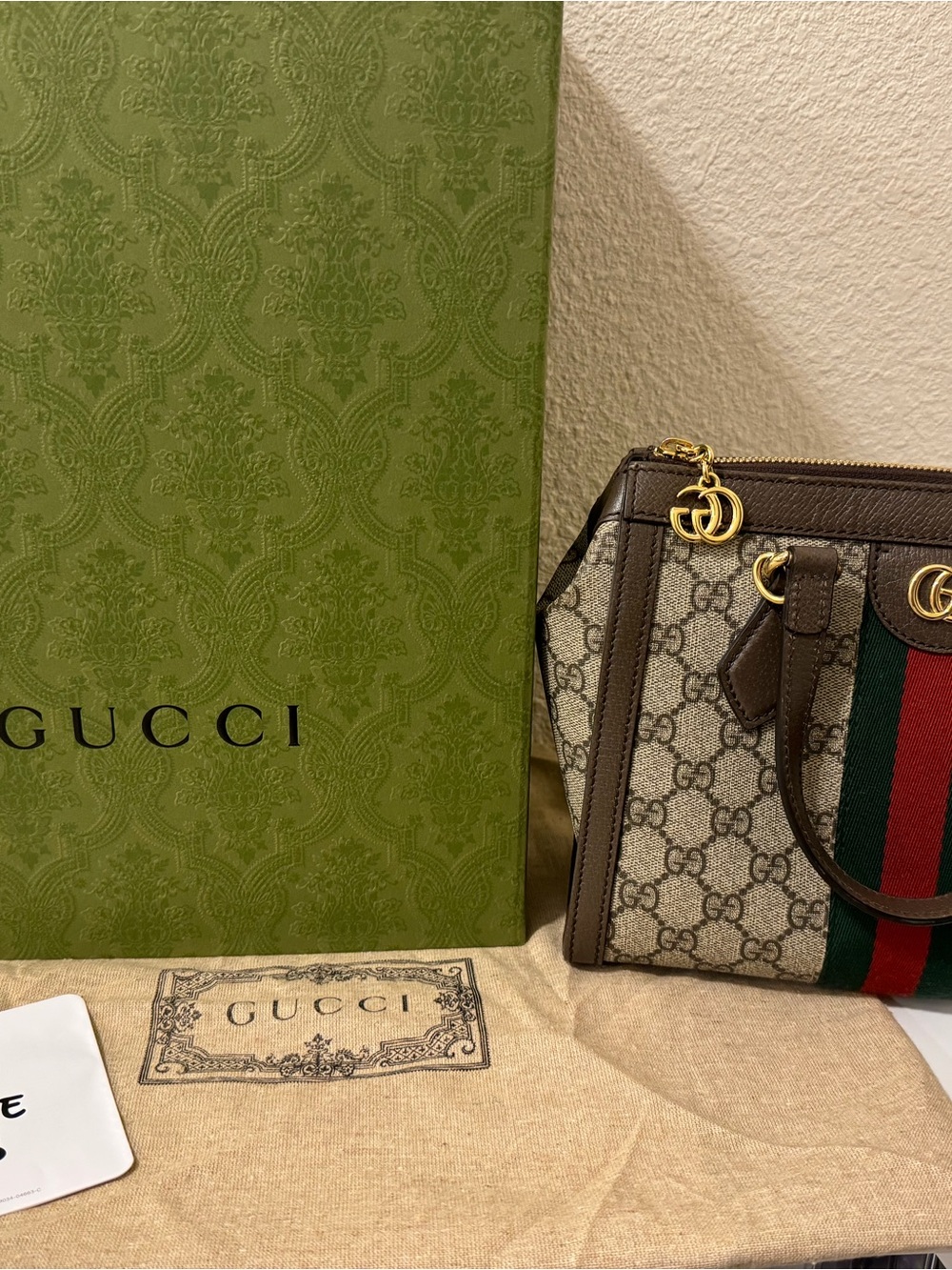 Gucci Beige GG Supreme Canvas Satchel with Brown Trim and Green-Red Web